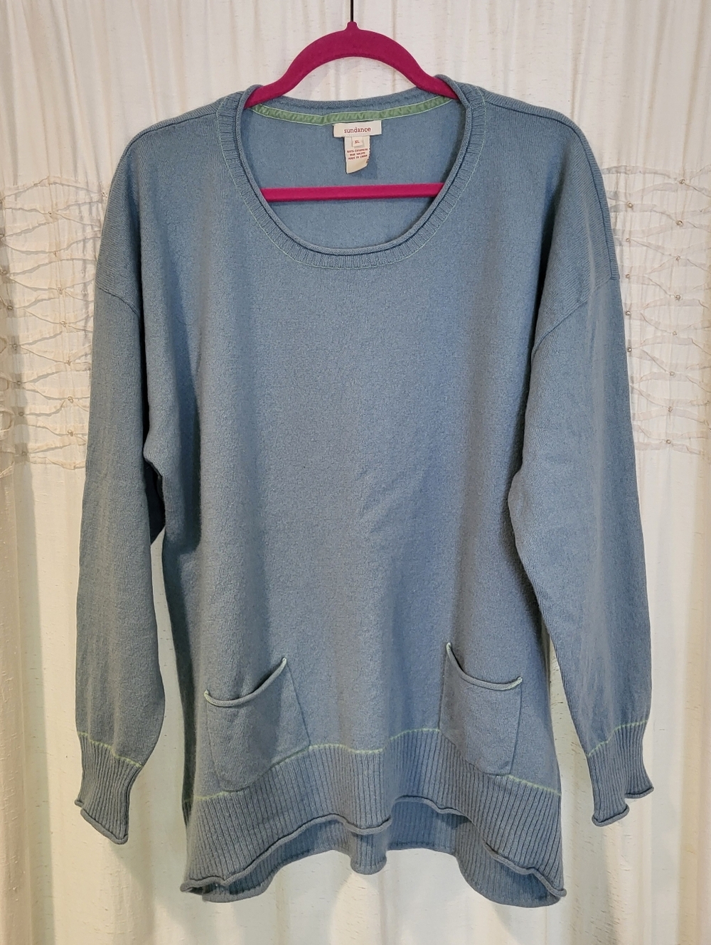 Sundance Dusty Blue Scoop Neck Pocket 100% Cashmere Sweater EUC